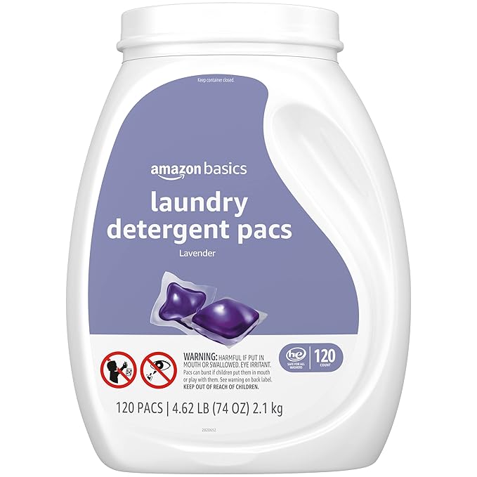 Amazon Basics Laundry Detergent Pacs, Lavender Scent, HE Compatible, Easy to Use Pre-Measured Pods, Clean Clothes, 120 Count (New Packaging)
