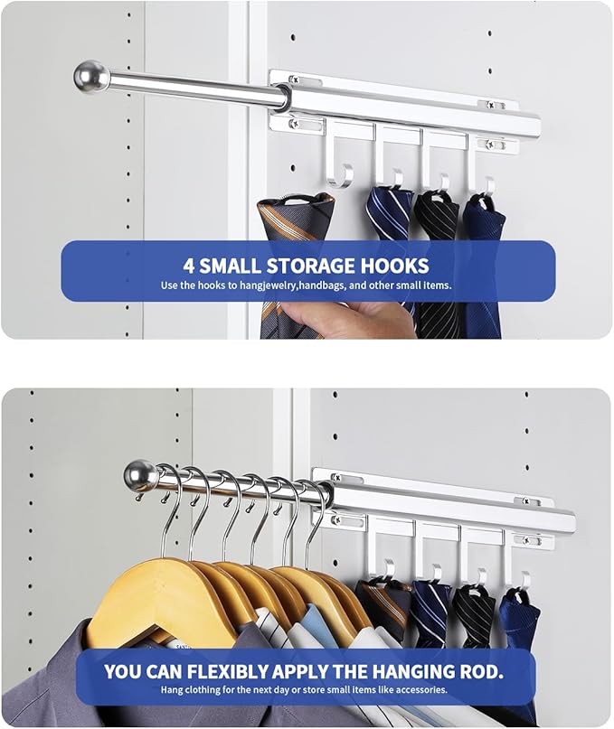 BaiNong 12" Valet Rod for Closet Pull Out With 4 Hooks Valet Rods for Closets (2Pack Silver) Closet Valet Rod Slide Out