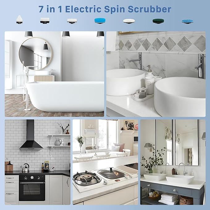 Electric Spin Scrubber, Hillyfe Bathroom Scrubber Electric with 7 Replaceable Brush Heads, IPX7 Waterproof,300/400 RPM, 3 Adjustable Length,Scrubber Brush Electric for Bathtub Floor,White