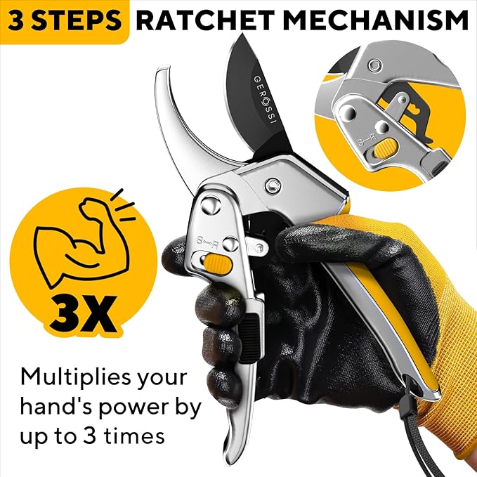 Ratchet Pruning Shears for Gardening Heavy Duty - Increases Cutting Power 3x - Perfect Ratchet Pruners for Weak Hands & Arthritis - 8” Anvil Garden Clippers - Sharp Blade for Effortless Cutting-Yellow