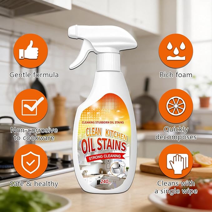 2PCS Heavy-Duty Oil Cleaner Stains,Clean Up Kitchen Oil Stains Spray,Multi-purpose Clean Up Kitchens Heavy Oil Duty,with 5 Sponge Scourers
