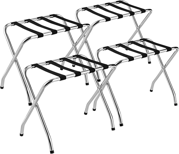 Tangkula Chrome Luggage Rack for Guest Room, No Assembly Required, Folding Metal Suitcase Stand with Nylon Belts, for Home Bedroom Guest Room Hotel, Luggage Rack, Silver (4)