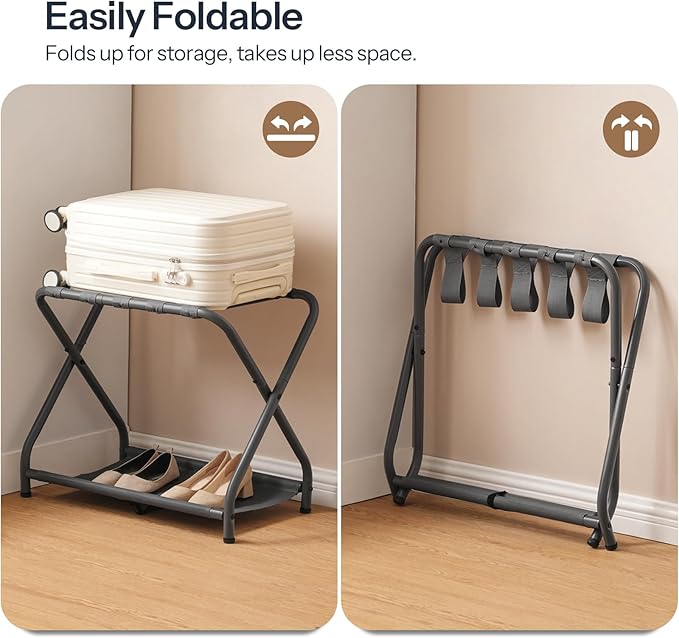 HOOBRO Luggage Rack, Pack of 2, Folding Suitcase Stand with Fabric Storage Shelf for Guest Room, Bedroom, Hotel, Holds up to 100 lb, 27 x 15.3 x 22 Inches, Space Saving, Gray GY04XLP201