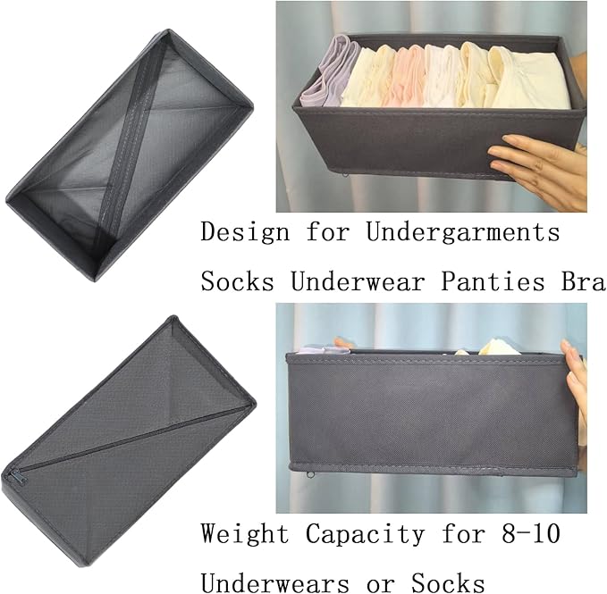 Bructhun Sock Drawer Organizer 6 Pack - Collapsible Fabric Storage Bins for Underwear Divider, Small Closet Organizers with 6 Compartments, Gray
