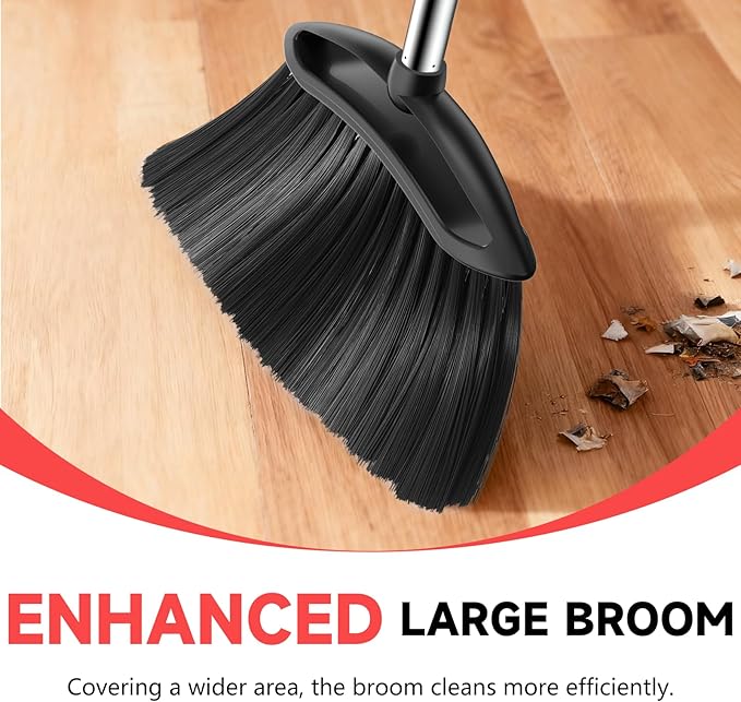 Heavy Duty Broom, 54-inch Adjustable Long Handle Angle Brooms Large Brooms for Sweeping Indoor and Outdoor Commercial Broom for Home Kitchen Patio Garage Porch Courtyard Classroom, Black