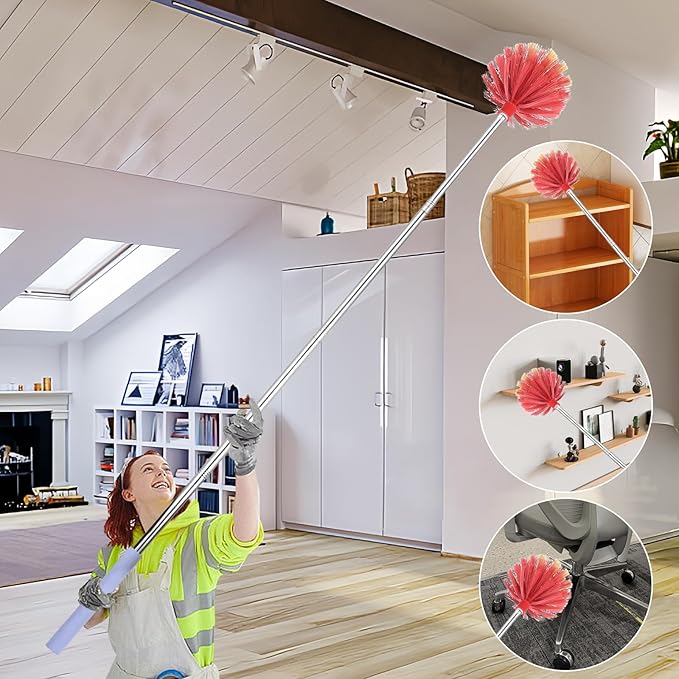 Cobweb Duster with Extension Pole, 59" Adjustable Stainless Steel Pole, Washable Duster with Medium-Stiff Bristles for Ceiling Fan, High Ceilings, Blinds, Furniture, Kitchen, and Home Cleaning