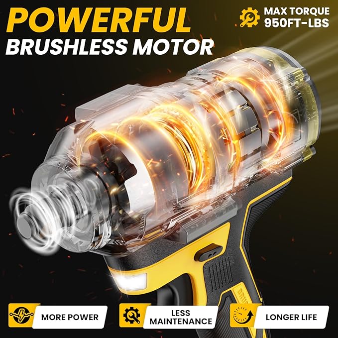 Cordless Impact Wrench 1/2 inch for Dewalt 20V Battery, Impact Wrench 1360N.m(950Ft-lbs) High Torque Brushless Electric Impact Gun, Power Impact Driver with 3-Mode Speed, LED Work Light(no battery)