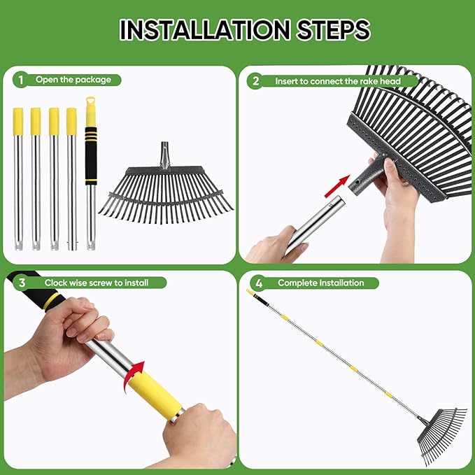Rake Heavy Duty 6FT Long Garden Rake , 18.5 Inch Wide Leaf Rake for Lawns, 25 Metal Tines, Adjustable Stainless Steel Handle, Rakes for Leaves, Yards, Grass, Garbage, Weeds, Debris (Yellow)