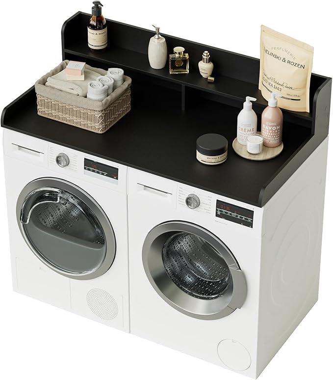 2-Tier Washer Dryer Countertop, Laundry Room Organization and Storage, 27.6" x 54" Wood Laundry Countertop for Washer and Dryer, Black