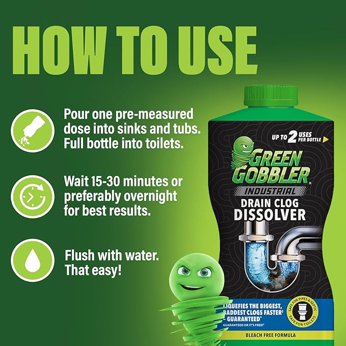 Green Gobbler Industrial Strength Grease and Hair Drain Clog Remover | Drain Cleaner Gel | Safe for Pipes, Toilets, Sinks, Tubs, Drains & Septic Systems (Packaging May Vary)