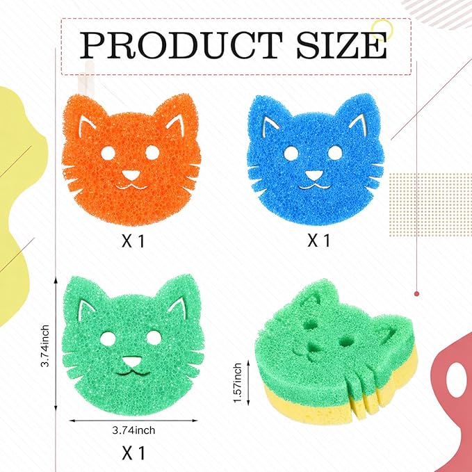 3 Pcs Dual Sided Scrub Sponge Multi Functional Cute Temperature Sensitive Non Scratch Dish Sponge for Washing Dishes Kitchen Bathroom (Cat,Green, Orange, Blue)