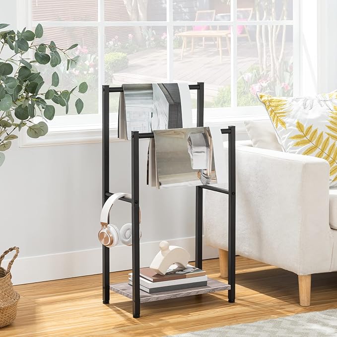 HOOBRO Freestanding Towel Rack, 2 Tier Blanket Ladder Holder for Bathroom, 16.5" L x 9.4" W x 31.5" H, Blanket Rack, Industrial Drying and Display Rack with Shelf, Metal, Greige and Black BG02LB01