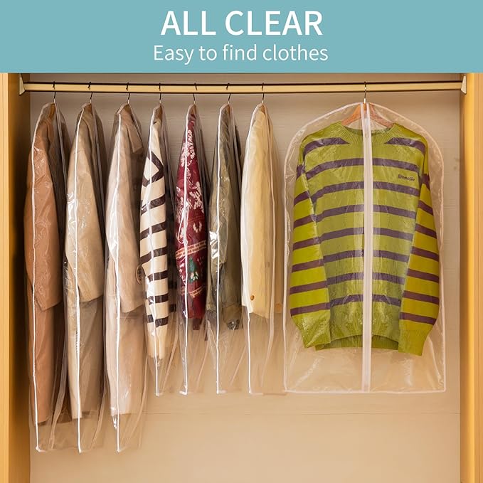 All Clear Garment Bags for Hanging Clothes, 60" Dress Bags for Gowns Long, Plastic Dustproof Dress Garment Bag, Long Dress Bag with Zipper for gown, winter long coats, dance costume（10 Packs）