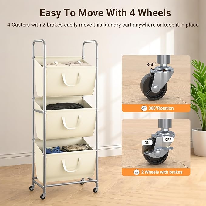 ELYKEN 120L Vertical Rolling Laundry Hamper with Removable Bags, 3 Section Laundry Baskets with Wheels, Space-Saving 3 Tier Laundry Sorter for Small Spaces, Dorm, Bedroom, Bathroom, Laundry Room