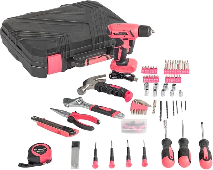 Drill Tool Kit Set,146 Piece Tool Set with 8V Cordless Drill,Drill Tool Box,Home Tool Kit with Drill,House Repairing Hand Tool Kits with Storage Case for Men Women (Pink)