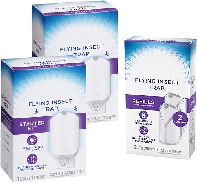 Flying Insect Trap Plug-in with Blue & UV Light – Indoor Bug Catcher for Gnats, House & Fruit Flies (2 Plug in Devices & 4 Cartridges)
