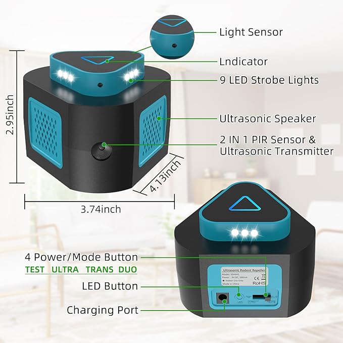 Ultrasonic Pest Repeller Indoor & Mouse Repellent Plug in,360° Ultrasonic Rodent Repeller with PIR Sensor & Strobe Light for Rat,Squirrel,Mouse Deterrent for Home,Kitchen,Office,Warehouse,Hotel Use