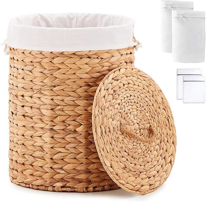 Round Water Hyacinth Laundry Hamper with Lid Handwoven Wicker Basket with Handles for Dirty Clothes, Storage, and Organization, No Assembly Required, 40L