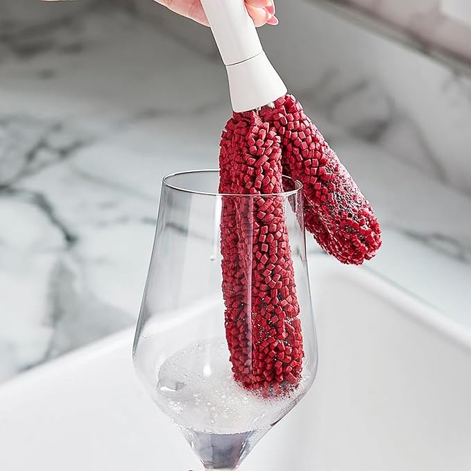 Wine Enthusiast Interchangeable Glassware Cleaning Brush Set – 5-Piece Bamboo Handle with Specialized Brush Heads for Wine Glasses, Decanters, and Barware Cleaning