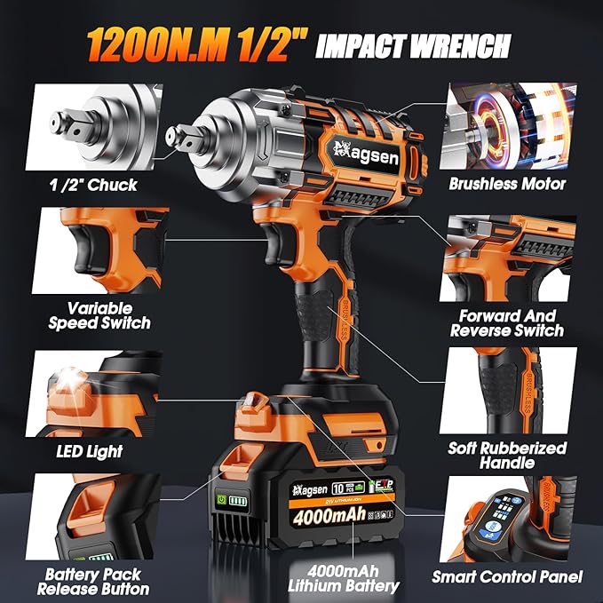 1/2" Cordless Impact Wrench, 900Ft-lbs (1200N.m) Brushless High Torque Impact Gun,3800RPM,3 Variable Speeds,LED Light,2x4000mAh Battery, 5 Sockets,Electric Impact Gun for Car/Mower/Pickup