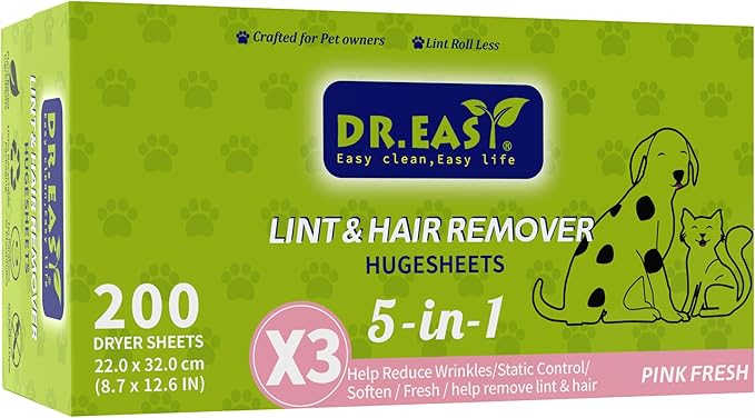 Dr.Easy LINT & HAIR REMOVER Pet HUGESHEETS with 3X Dryer Sheets, PINK FRESH, 200 Count,PLANT&MINERAL-BASED FORMULA