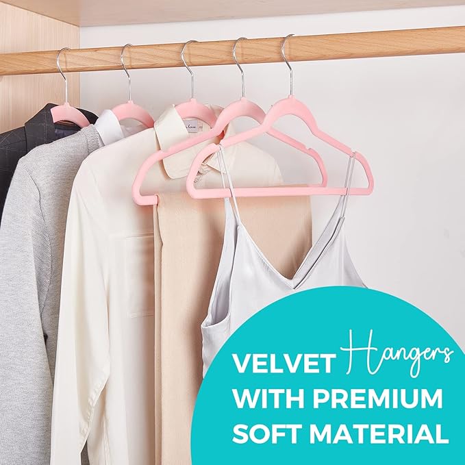 HOUSE DAY Premium Velvet Hangers 50 Pack Pink, Non-Slip Flocked Felt Hangers, Sturdy Clothes Hanger Heavy Duty Coat Hanger, Durable Slim for Closet Space Saving
