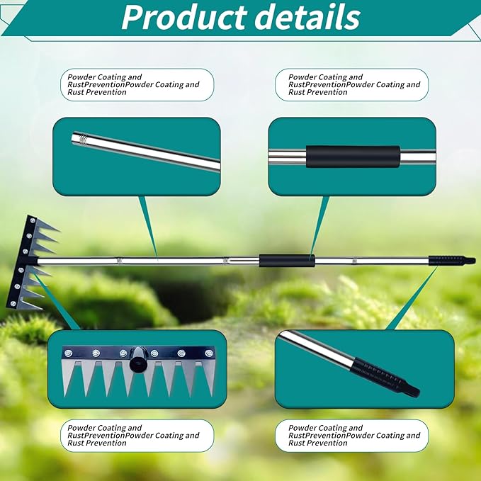 Stainless Steel Weeding Tool - 8 Tine Garden Rake with Adjustable Handle (31"-63"), Heavy Duty Weed Puller for Soil Cultivation, Rust-Resistant Garden Hand Tool