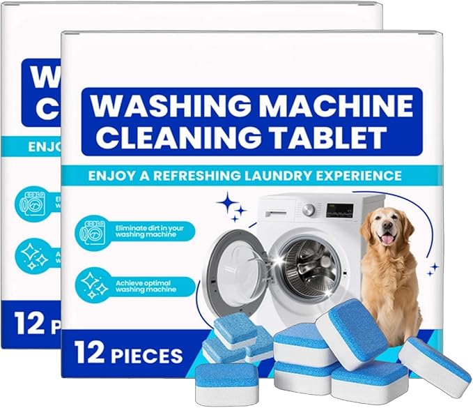 Eco-Friendly Washing Machine Cleaner, 12 Pack Washing Machine Deep Cleaner Tablets, Remove Stubborn Pet Hair, Septic Safe, Compatible with HE, Top & Front Load Washers (2PCS)