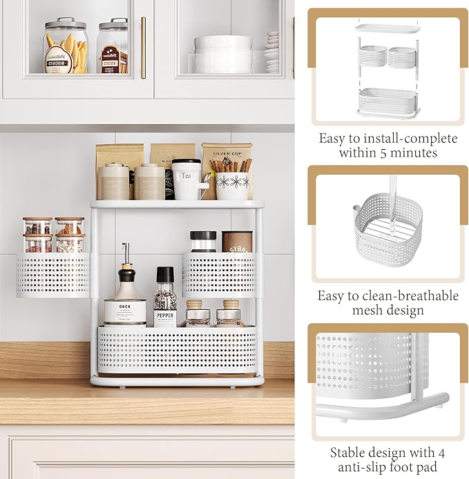 3-Tier Rotating Bathroom Counter Organizer, Vanity Tray for Makeup & Skincare, Countertop Spice Rack Storage, Space-Saving Shelf for Bathroom, Kitchen, Laundry Room, Baby Bottle Station, White