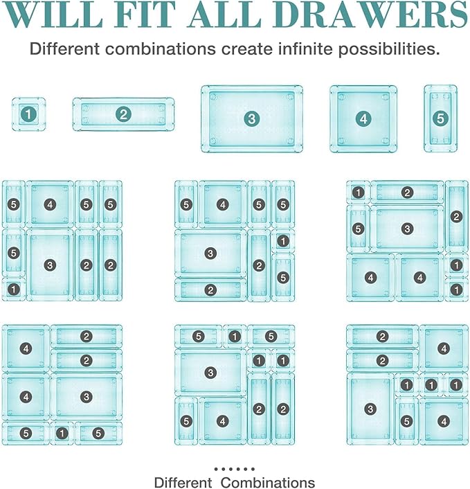 StorMiracle 10 PCS Drawer Organizer Set, 4 Varied Size Bathroom and kitchen Drawer cabinet organizer Trays, Clear Storage Bins for Makeup, Jewelry, Utensils and Gadgets