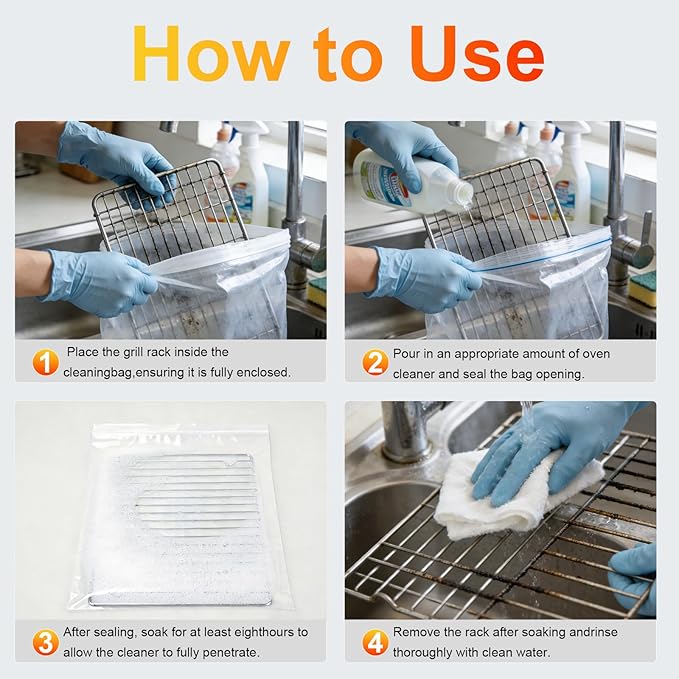 6 Pack Oven Rack Cleaning Bags(No Cleaner Included), Heavy Duty Reusable Leak-Resistant PE Bags for Deep Soaking Grill Grates and BBQ Racks(three 19.6 * 27.5 inch and three 15.7-23.7inch)