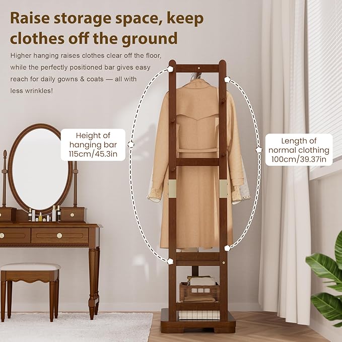 Taitiy Coat Rack Solid Wood Clothes Rack with 2 Shelves & 4 Hooks for Hanging Clothes Garment Wallets Hats, Clothing Rack Coat Rack Freestanding Hall Tree with Storage for Hallway Bedroom Living Room