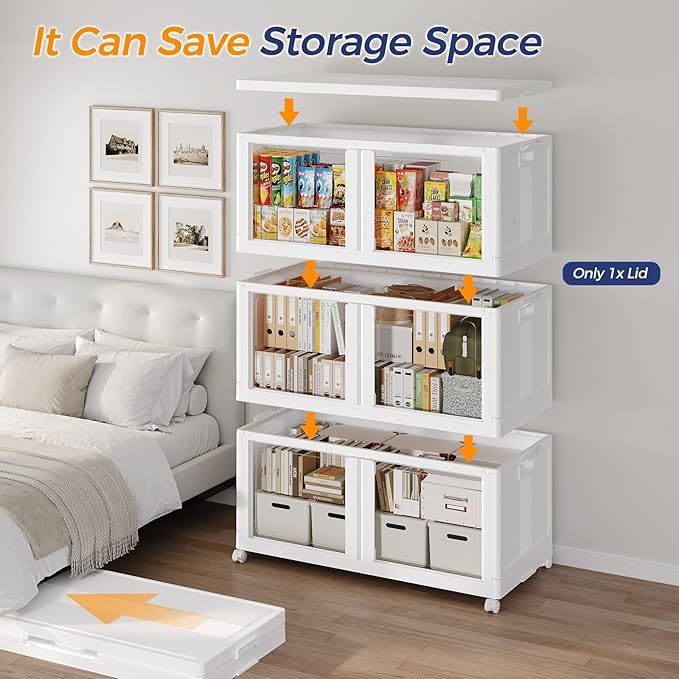 600Qt Stackable Storage Bins with Lid and Wheels, 150Gal Plastic Closet Organizer and Storage Drawer, Large Collapsible Storage Box Cabinet with Clear Door for Home Kitchen Office, 5Pack White