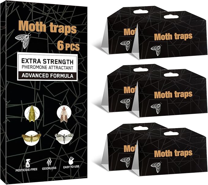 PIMAG Upgraded Moth Traps, Double Potent Pantry & Clothes Traps with Pheromones Prime, No Toxic & Odorless Meal Moth Trap, Organic Sticky Moths Balls Repellent with Lure for Closet, Kitchens-6Pack