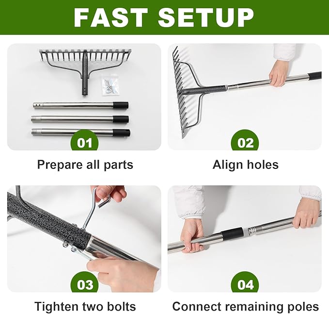 Bow Rake, 65" Heavy Duty Garden Rake with Wide 17 Tines Head & Stainless Steel Handle, Adjustable Rakes for Lawns Yard Loosening Soil Thatching Gathering Leaves Gravel