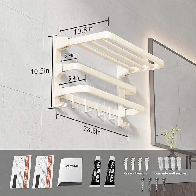 VOLDRA Towel Racks for Bathroom, 24-Inch Towel Shelf with 2 Towel Bar Foldable Towel Holder with 7 Hooks Towel Storage Organizer for Bathroom & Lavatory Wall Mounted(Milky White)