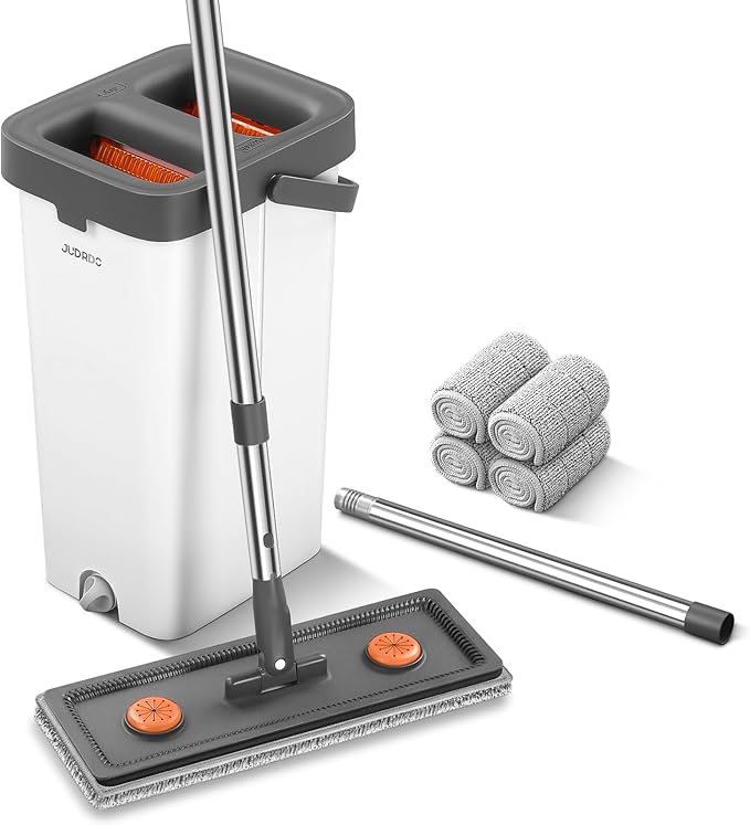 Mop and Bucket with Wringer Set for Home,61" Flat Mop and Bucket System for Floor Cleaning,Wet Dry Mop Window Wall Cleaner with Long Handle,Floor Mop with 4 Washable Microfiber Pads