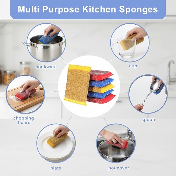 6Pcs Scrub Sponges Steel Wool Scrubber Kitchen Sponges Non Scratch Cleaning Sponge Reusable Microfiber Dish Scrubber Sponge for Cleaning Pots Pans Dishes Bathroom (3 Colors
