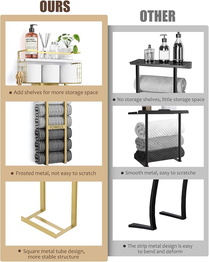 Aetyord Towel Racks for Bathroom - Wall Mounted Metal Rack with Wood Plank, Bathroom Storage Organizer, Towel Holder Stores 6 Large Rolled Towels Easily, Gold and Size XL 31"
