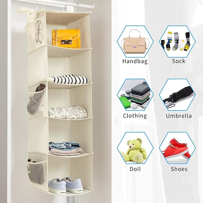 BrilliantJo 5 Shelves Hanging Closet Organizer, 2 Pack Hanging Storage with 6 Side Pockets for Clothes Shoes, 43"x12"x12"(Beige)