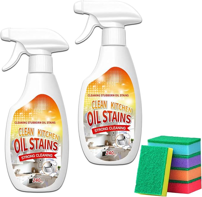 2PCS Heavy-Duty Oil Cleaner Stains,Clean Up Kitchen Oil Stains Spray,Multi-purpose Clean Up Kitchens Heavy Oil Duty,with 5 Sponge Scourers