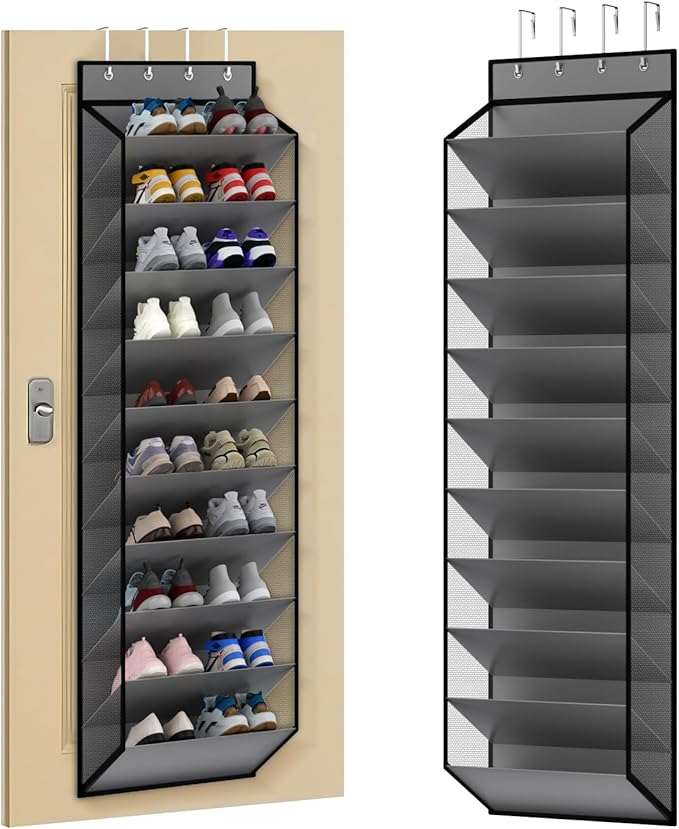 KEEPJOY 10 Tiers Mesh Over Door Shoe Organizer Storage, Hanging Shoe Holder for Door with Large Deep Pockets, Holds 20-30 Pairs of Shoes, Ideal for Sneakers & Boots(Grey)