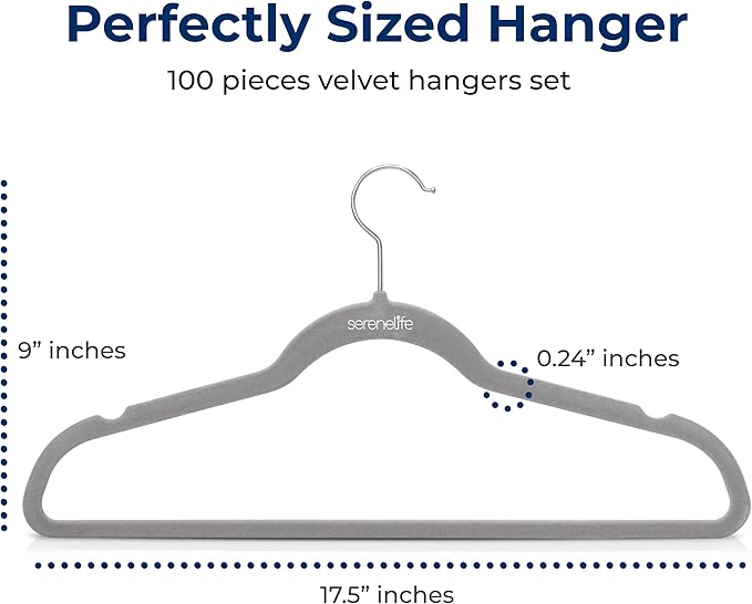 SereneLife 100-Pack Premium Velvet Hangers – Ultra-Thin, Non-Slip & Heavy-Duty Clothes Hangers with 360° Swivel Hooks – Space-Saving Velvet Coat Hanger Set for Shirts, Suits, Dresses & Jackets (Gray)