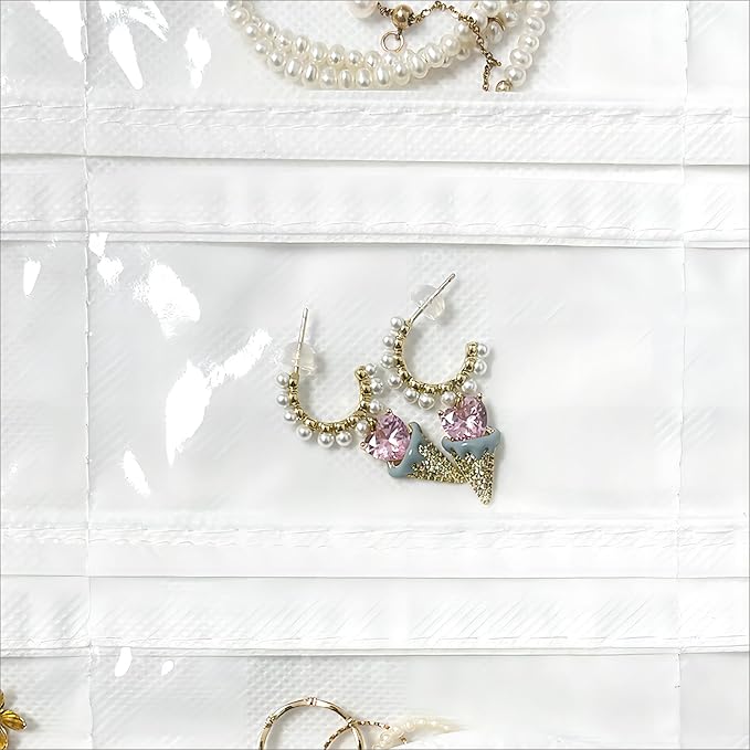 2 Pack Hanging Jewelry Organizer 80-Pocket Dual-sided Jewelry Storage for Earring Necklace Bracelet Ring Travel Holder, White and Beige