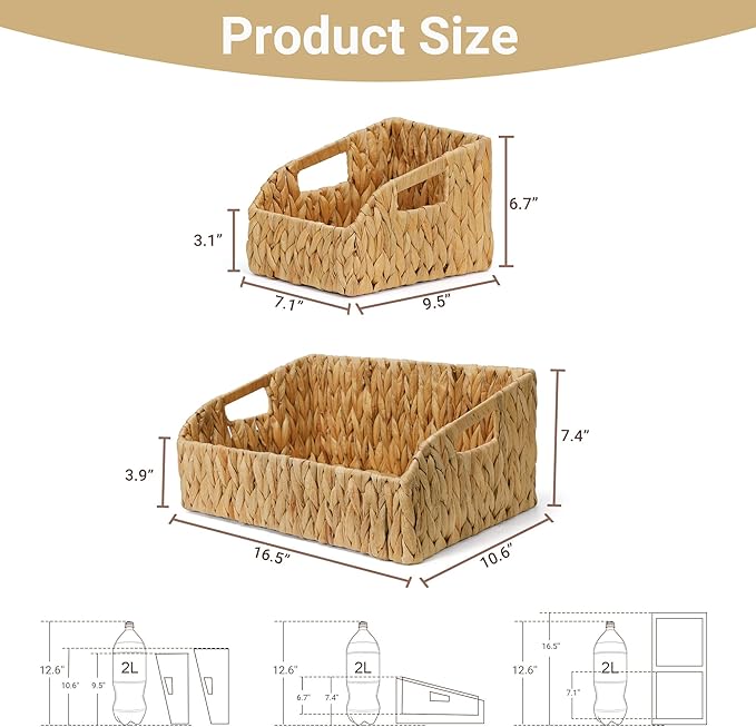 Pantry Organizers and Storage Baskets for Organizing with Handles, Large Wicker Storage Baskets for Shelves, Laundry-Water Hyacinth Storage Bins, Boho Decorative, 3Pack,Natural