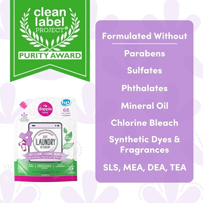 Dapple Baby Laundry Detergent, Powered by Plants, Concentrated, Hypoallergenic, Sweet Lavender, Eco-Friendly Pouch, Stain Remover, 34 Fl Oz (2 Pack)