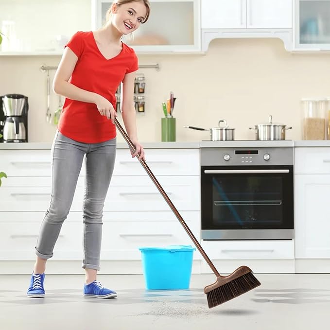 Wood Broom with Long Handle Soft Bristle Sweeper Broom Indoor Hand Brooms for Home Kitchen Office Pet Hair Removal