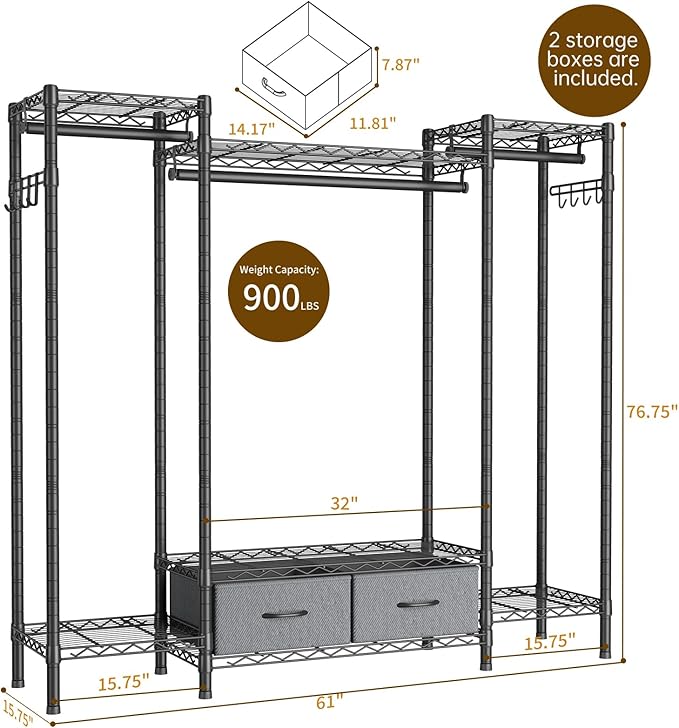 Golpart Coat Rack Clothes Wardrobe：Closet Organizer and Storage Clothing Garment Rack with Shelves Heavy Duty for Hanging Clothes Portable Adjustable Black 15.8" DX56.8 WX76.5 H