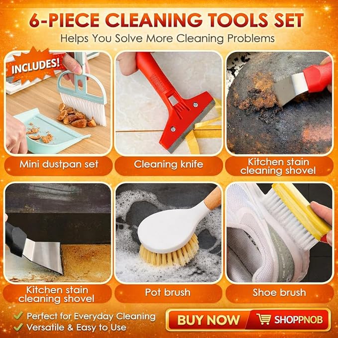Broom and Dustpan Set with Long Handle and 6 Bonus Cleaning Tools, Upright Standing Combo with Self-Cleaning Teeth & Windproof Dustpan for Pet Hair, Home, Kitchen, Garage, Apartment