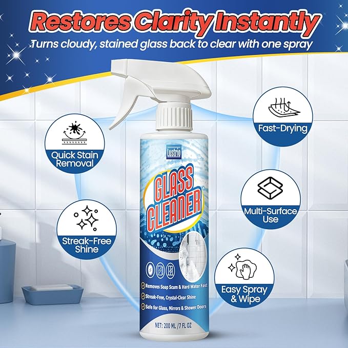 Instant Shine Bathroom Glass Cleaner with Microfiber Towel – Removes Hard Water Limescale, Soap Scum on Shower Doors, Tiles & Mirrors | Streak-Free No Residue Fast Drying Multi-Surface Safe (200ml)